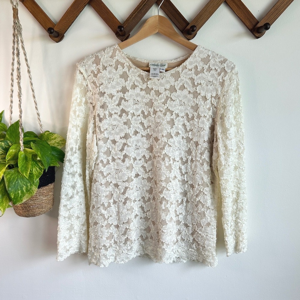 Vintage Coldwater Creek Ivory Floral Lace Long Sleeve Lined Blouse Top Romantic